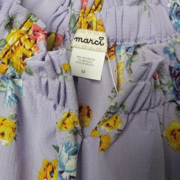 MARCI Purple Floral Print Off Shoulder Notch V Neck Slit sleeves Medium Blouse - Picture 9 of 9